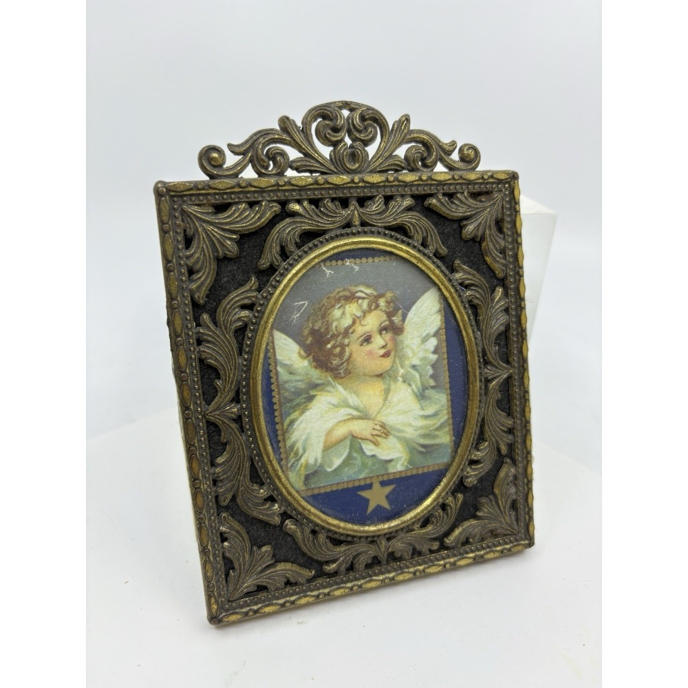 VTG Action Italy Ornate Scroll Blue Felt Bronze Picture Photo Frame 5.5"